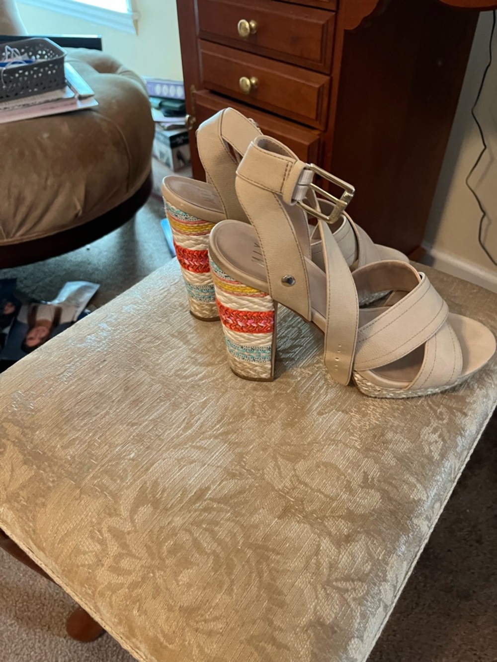Mix No. 6 Neutral Strappy Wedge Sandals with Multicolor Espadrille Heel